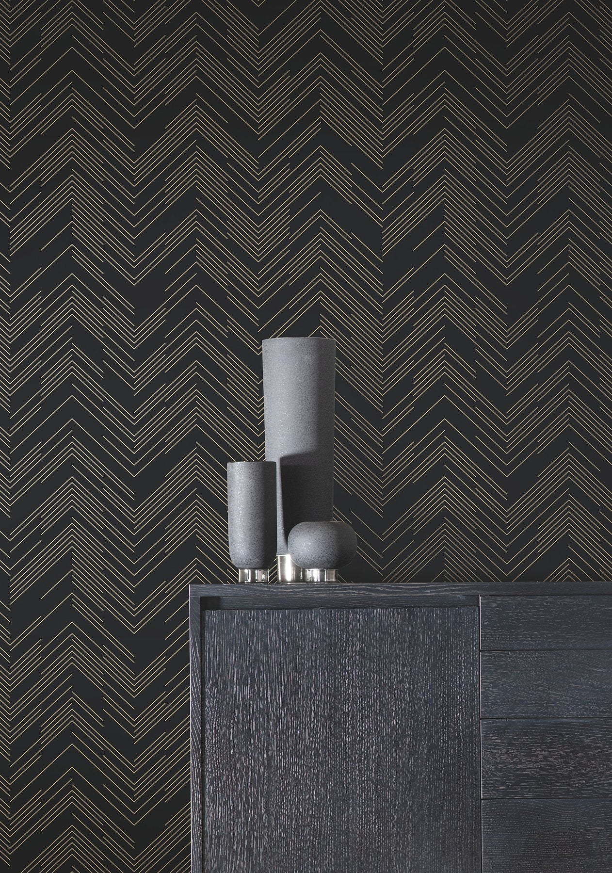 Polished Chevron Black & Gold Metallic Non Woven Wallpaper - York MD7221