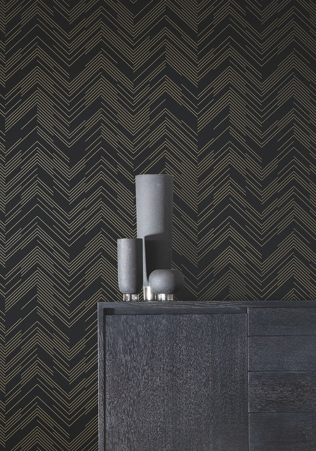 Polished Chevron Black & Gold Metallic Non Woven Wallpaper - York MD7221