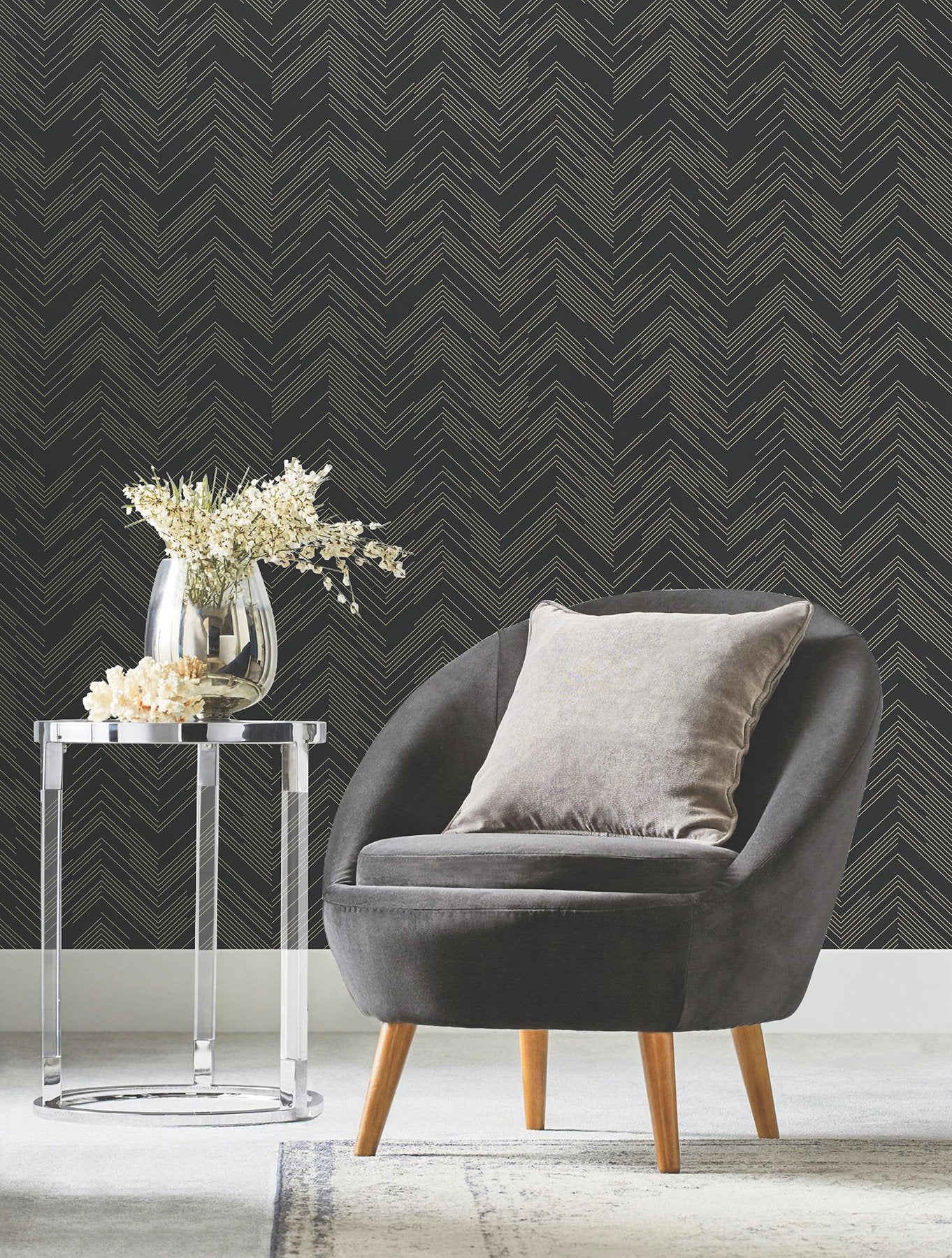 Polished Chevron Black & Gold Metallic Non Woven Wallpaper - York MD7221