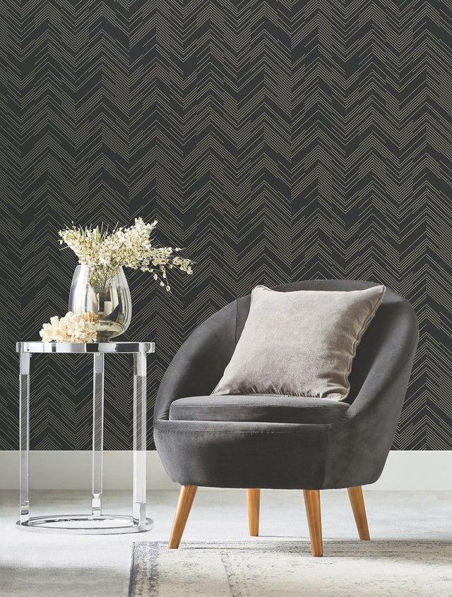 Polished Chevron Black & Gold Metallic Non Woven Wallpaper - York MD7221
