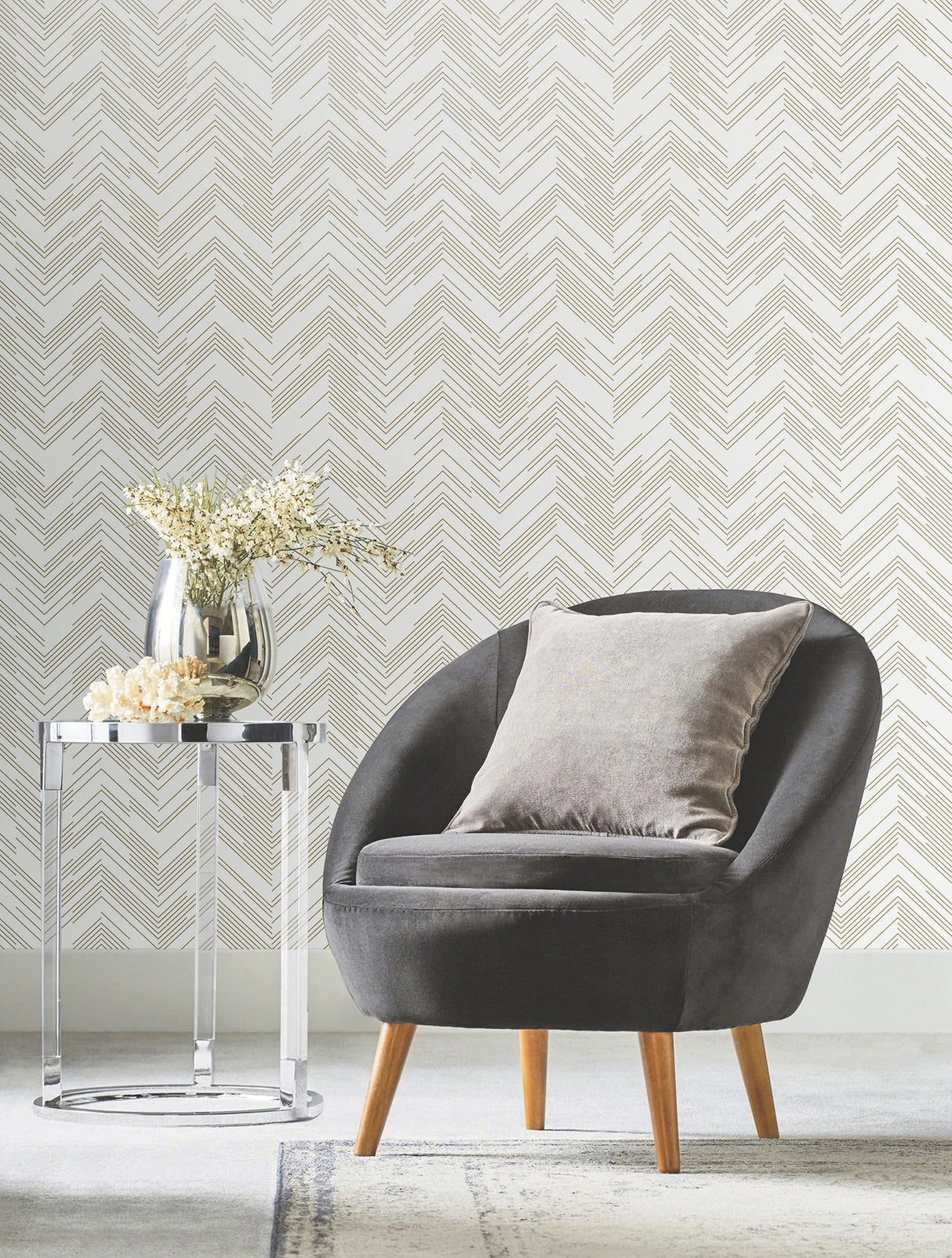 Polished Chevron White & Gold Wallpaper with Metallic Modern Geometric Chevron - York MD7222