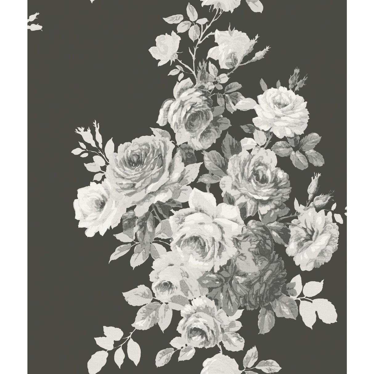 Tea Rose Black & White Wallpaper with Vintage Cabbage Rose Motif - York ME1533
