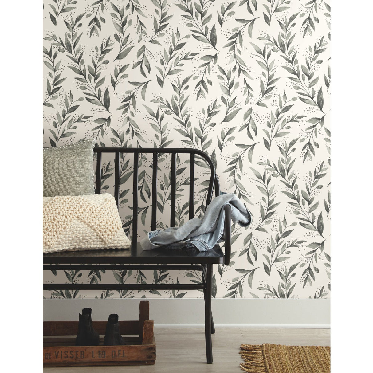 Olive Branch Charcoal Wallpaper with Botanical Olive Leaf Pattern - York ME1537