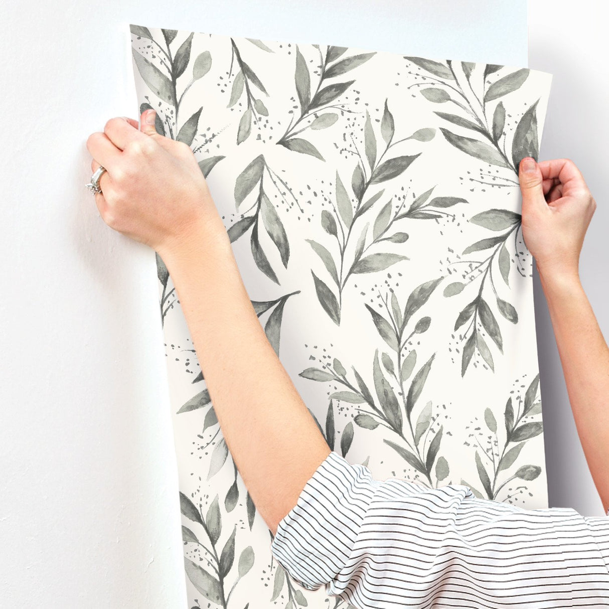 Olive Branch Charcoal Wallpaper with Botanical Olive Leaf Pattern - York ME1537