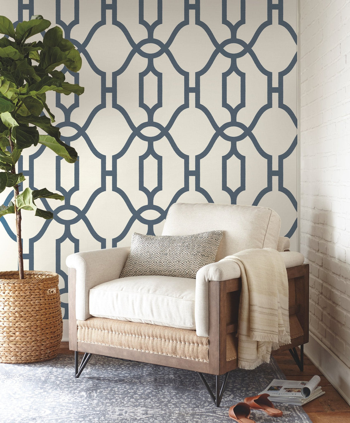 Woven Trellis Federal Blue Wallpaper with Geometric Trellis Pattern - York ME1552SAM