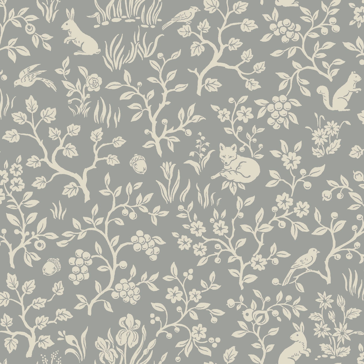 Fox & Hare Grey Wallpaper with Folklore Forest Animal Motif - York ME1571