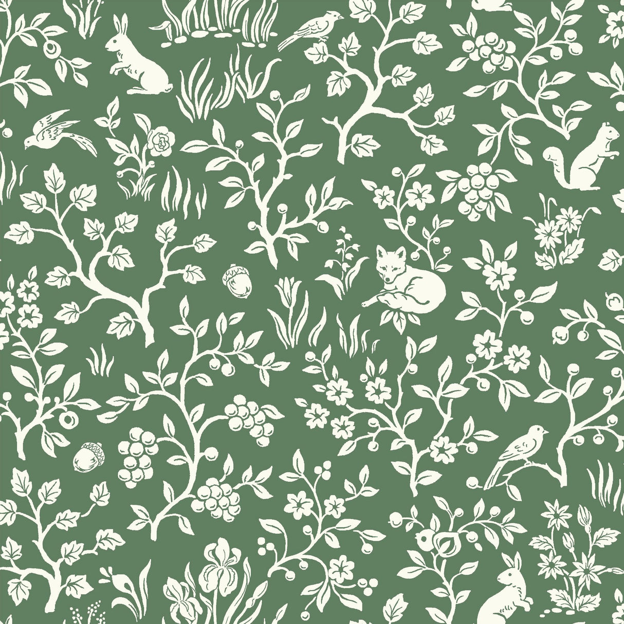 Fox & Hare Forest Green Wallpaper with Woodland Animal Motif - York ME1573