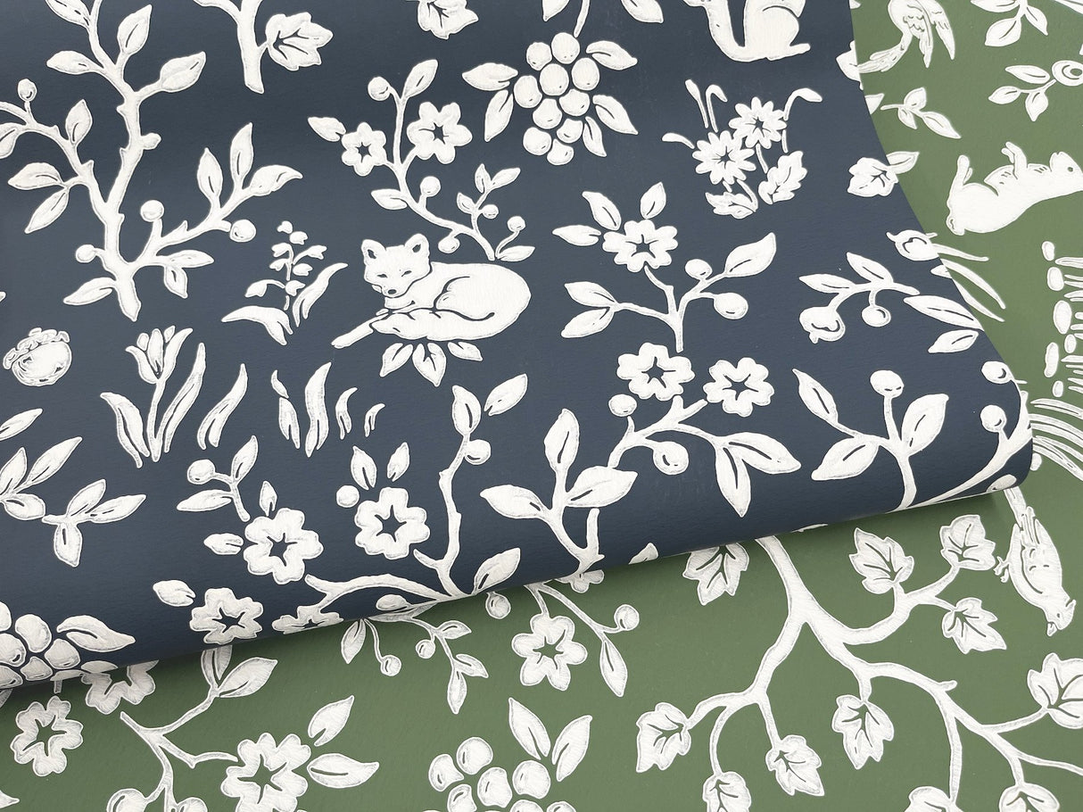 Fox & Hare Forest Green Wallpaper with Woodland Animal Motif - York ME1573