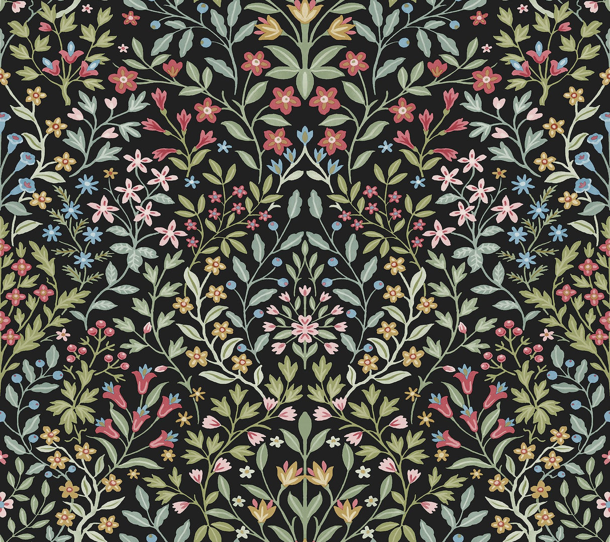 Garden Terrace Black & Multicolor Wallpaper with Botanical Modern Motif - York MF4721