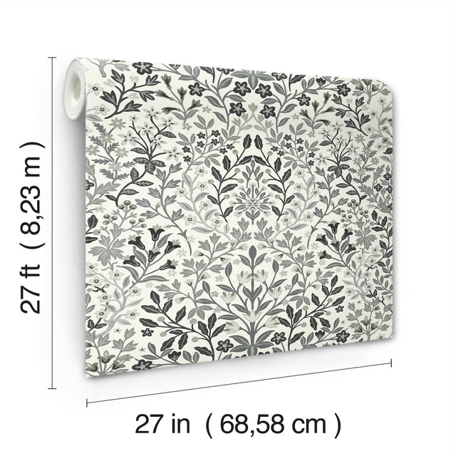 Garden Terrace White & Black Botanical Modern Prepasted Wallpaper - York MF4724