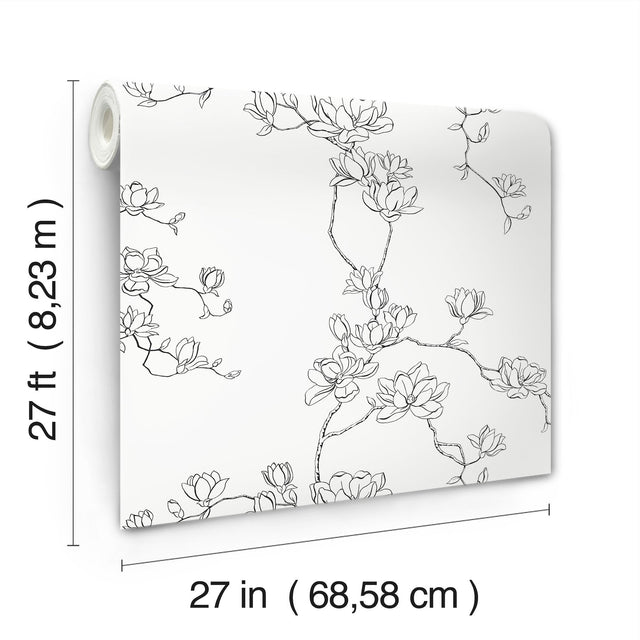 Magnolia Branches Black Wallpaper with Botanical Floral Pattern, Farmhouse Style - York MF4731