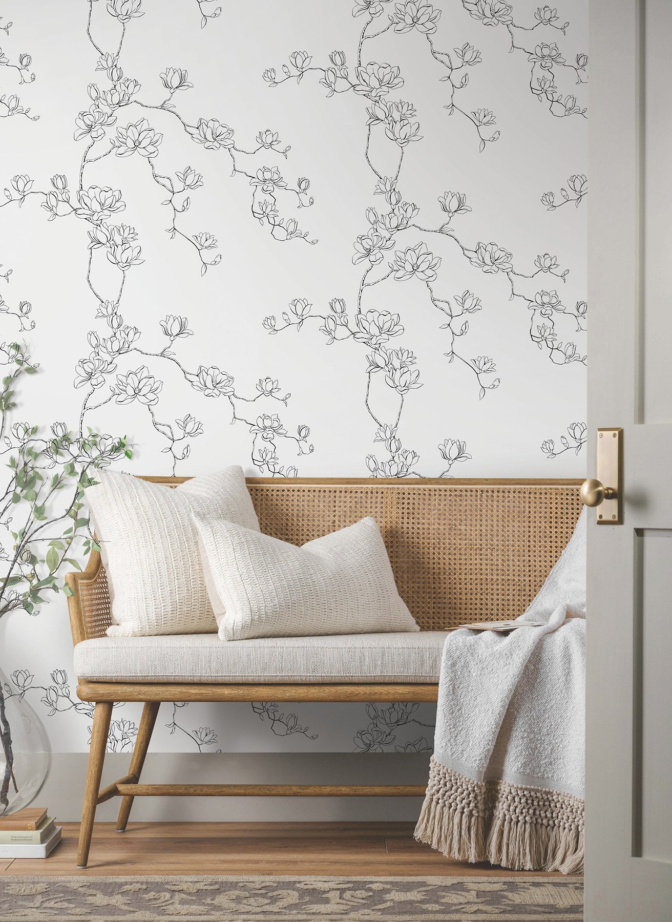 Magnolia Branches Black Wallpaper with Botanical Floral Pattern, Farmhouse Style - York MF4731