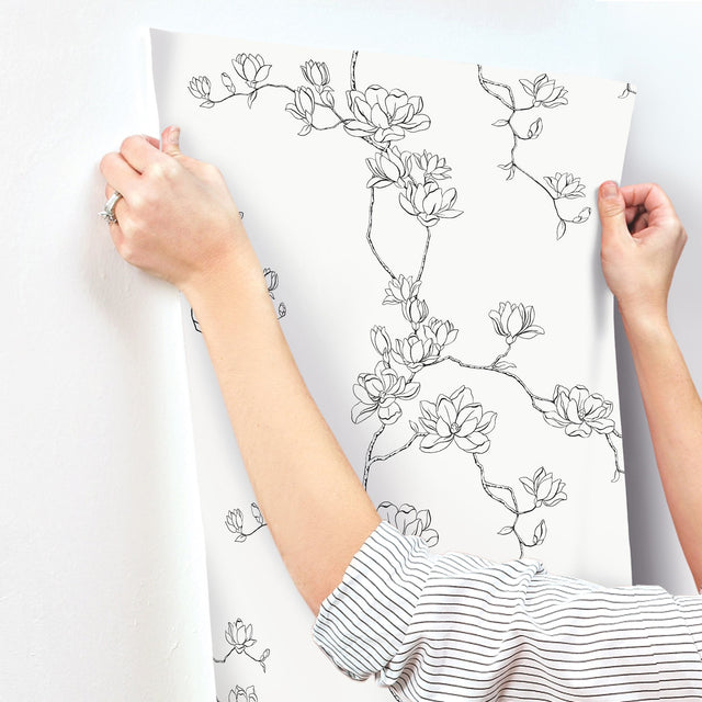 Magnolia Branches Black Wallpaper with Botanical Floral Pattern, Farmhouse Style - York MF4731