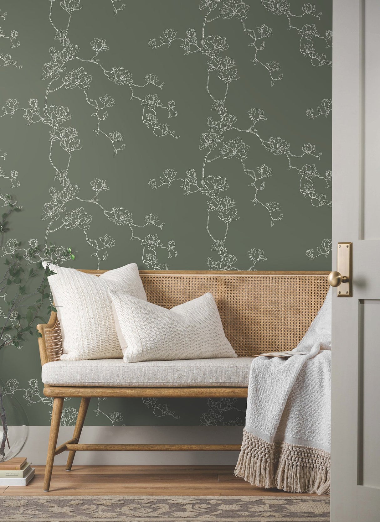 Magnolia Pine Branches Green Wallpaper with Botanical Magnolia Branch Pattern, Farmhouse Style - York MF4735