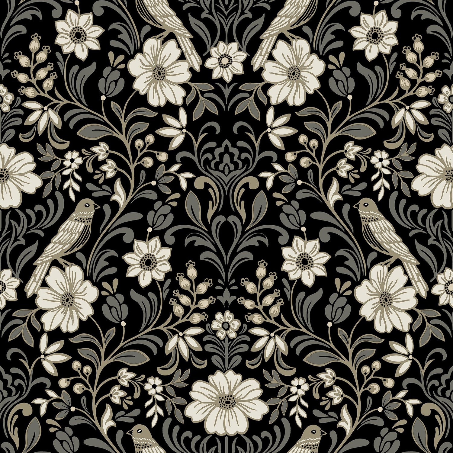Colette Black Wallpaper with Botanical Bird Damask - York MF4742