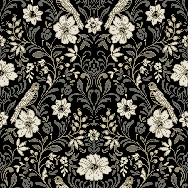 Colette Black Wallpaper with Botanical Bird Damask - York MF4742