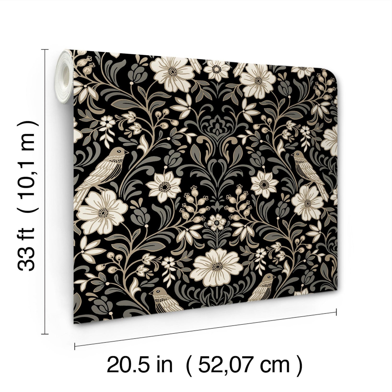 Colette Black Wallpaper with Botanical Bird Damask - York MF4742