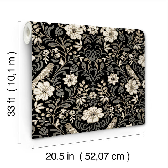 Colette Black Wallpaper with Botanical Bird Damask - York MF4742