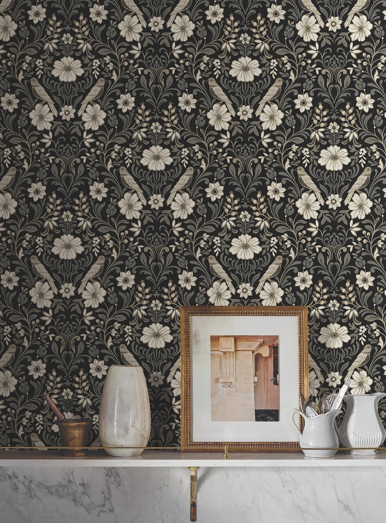 Colette Black Wallpaper with Botanical Bird Damask - York MF4742