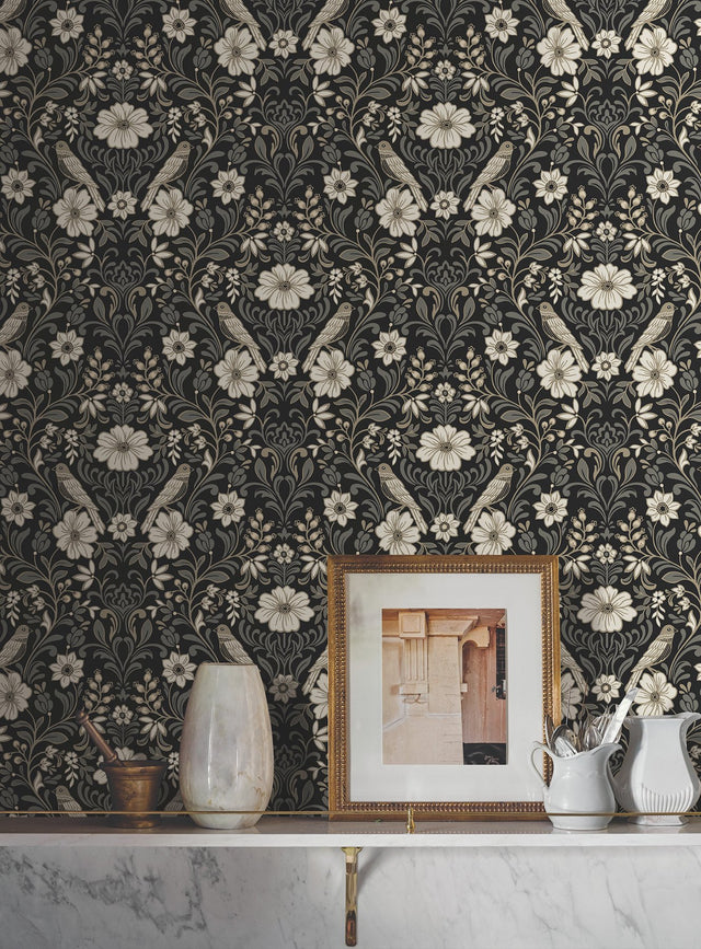 Colette Black Wallpaper with Botanical Bird Damask - York MF4742