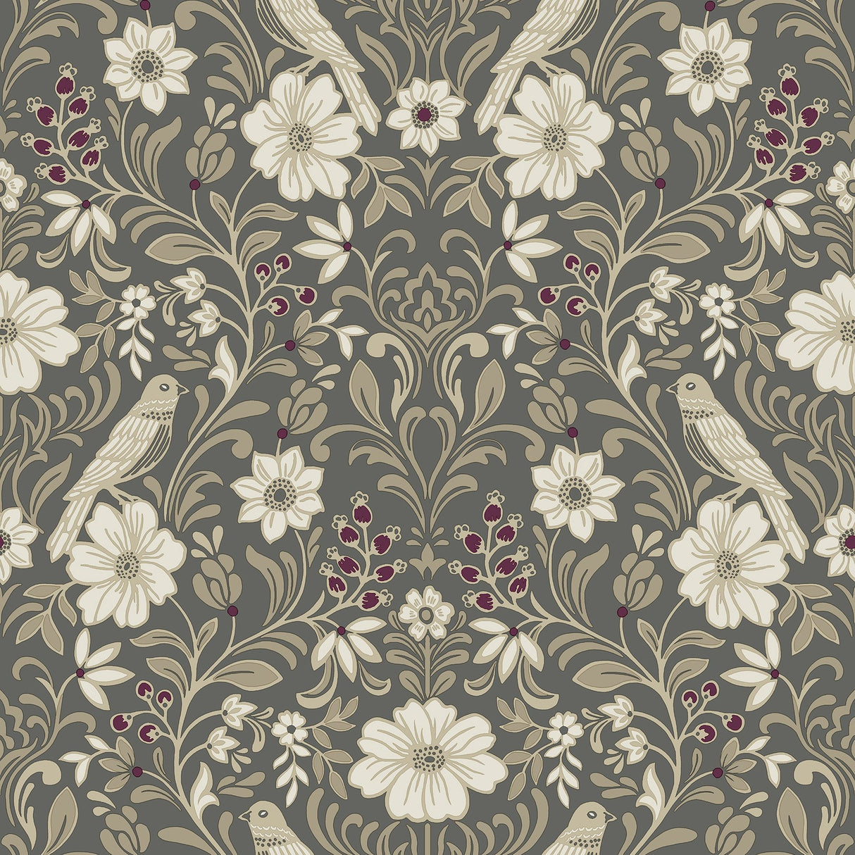 Colette Charcoal Wallpaper with Botanical Woodland Damask- Magnolia Home MF4743 - York