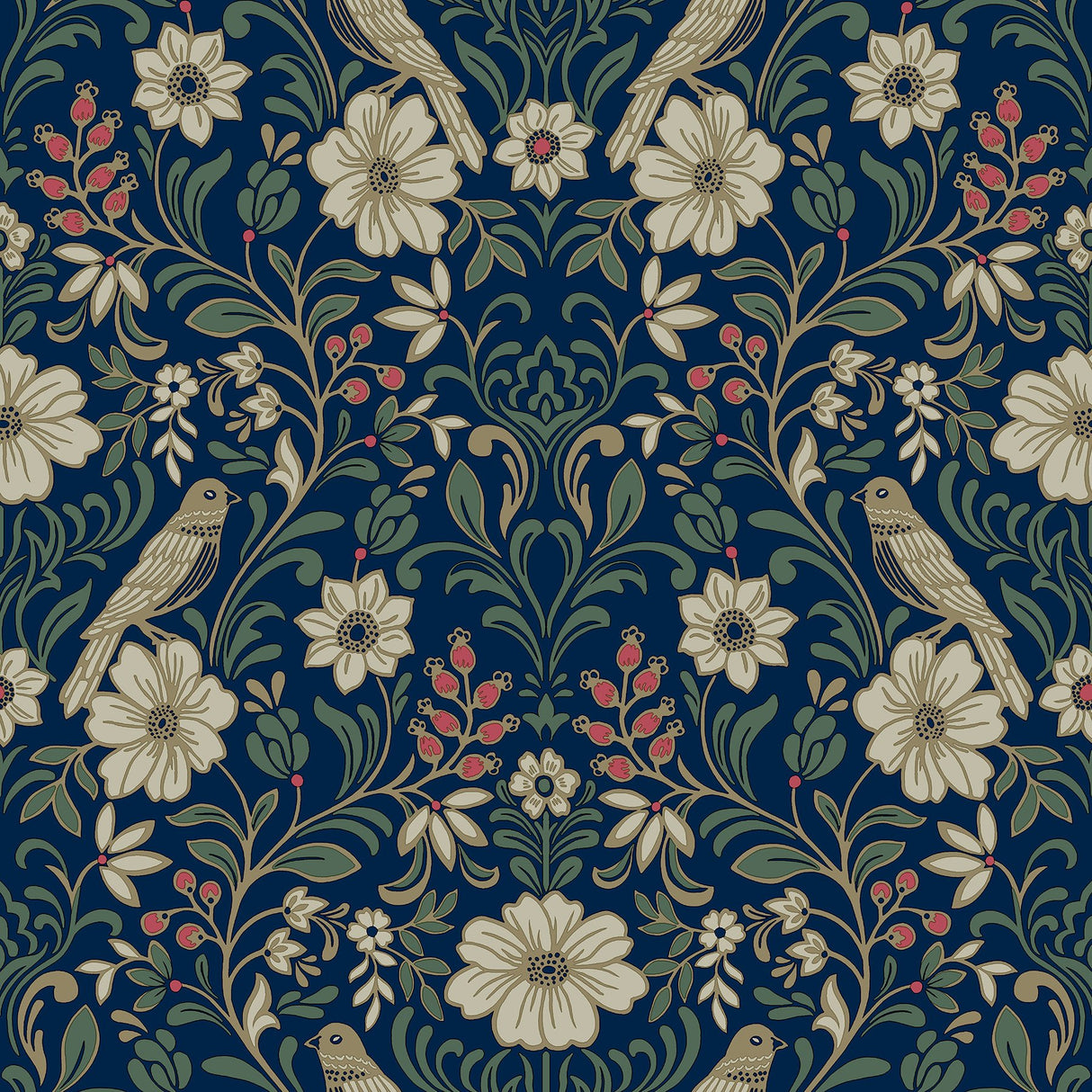 Colette Navy Wallpaper with Botanical Birds and Blooms - York MF4745