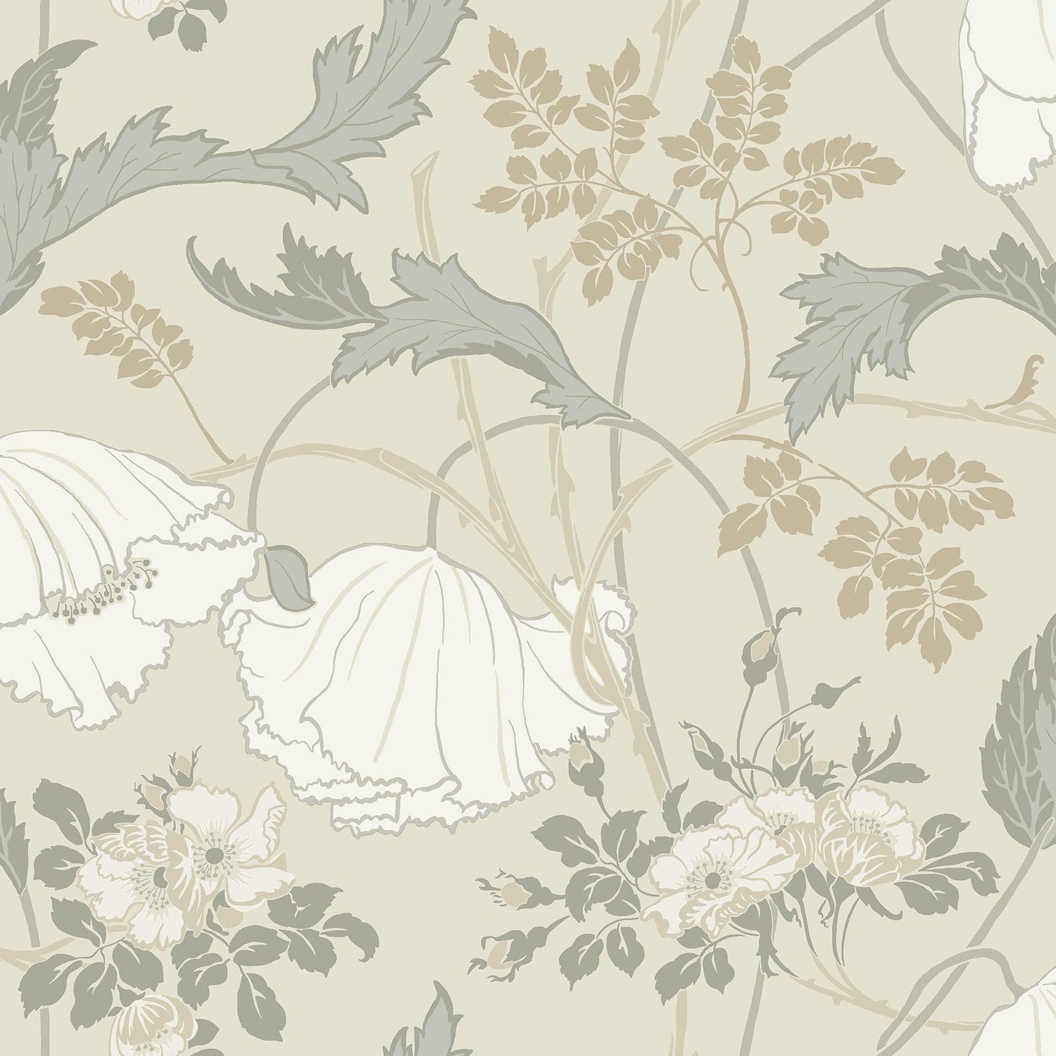 Gwendolyn Ivory & Grey Wallpaper with Floral Vine Motif, Farmhouse Style - York MF4753