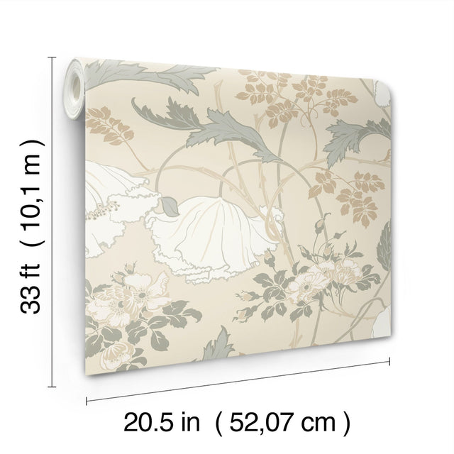 Gwendolyn Ivory & Grey Wallpaper with Floral Vine Motif, Farmhouse Style - York MF4753
