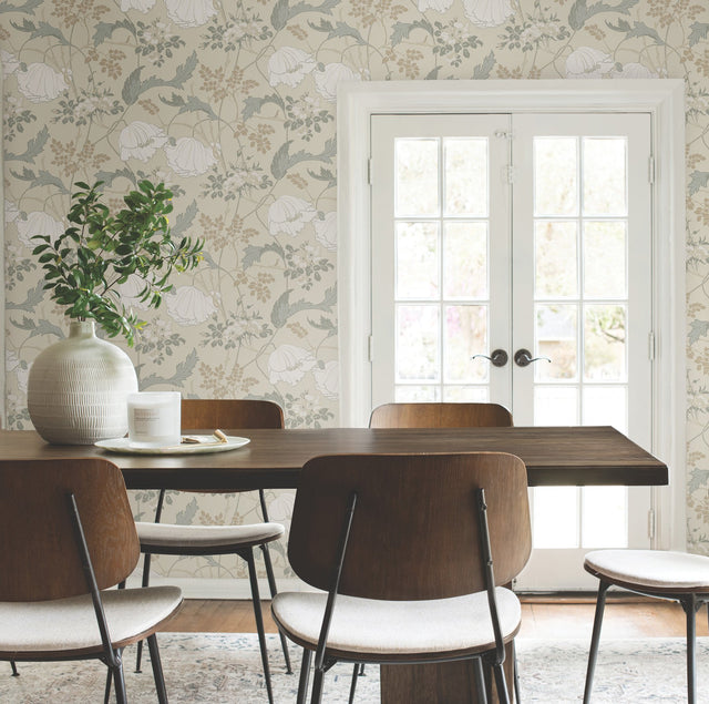 Gwendolyn Ivory & Grey Wallpaper with Floral Vine Motif, Farmhouse Style - York MF4753