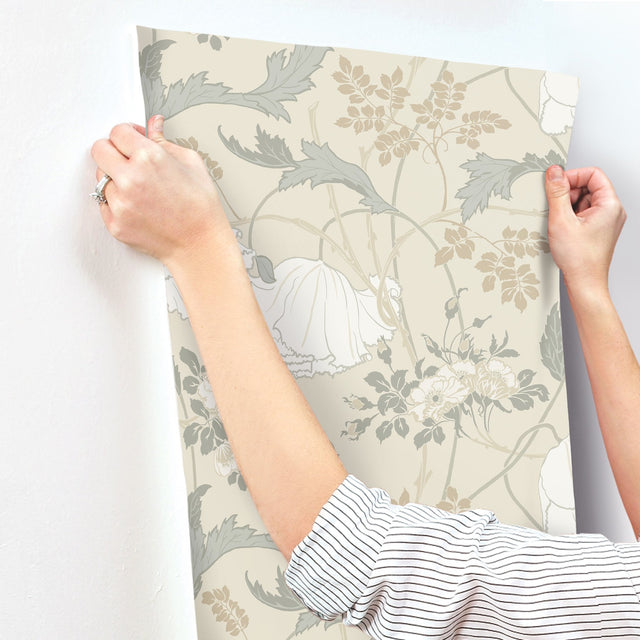 Gwendolyn Ivory & Grey Wallpaper with Floral Vine Motif, Farmhouse Style - York MF4753
