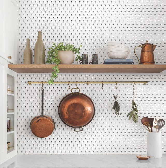 Charm Black & White Wallpaper with Petite Three-Leaf Stamp Motif - York MF4775