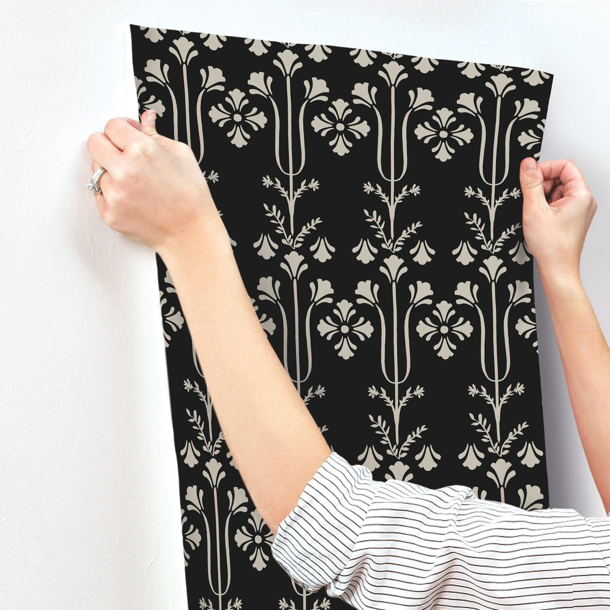 Lydia Black Wallpaper with Botanical Block-Print Motif - York MF4803