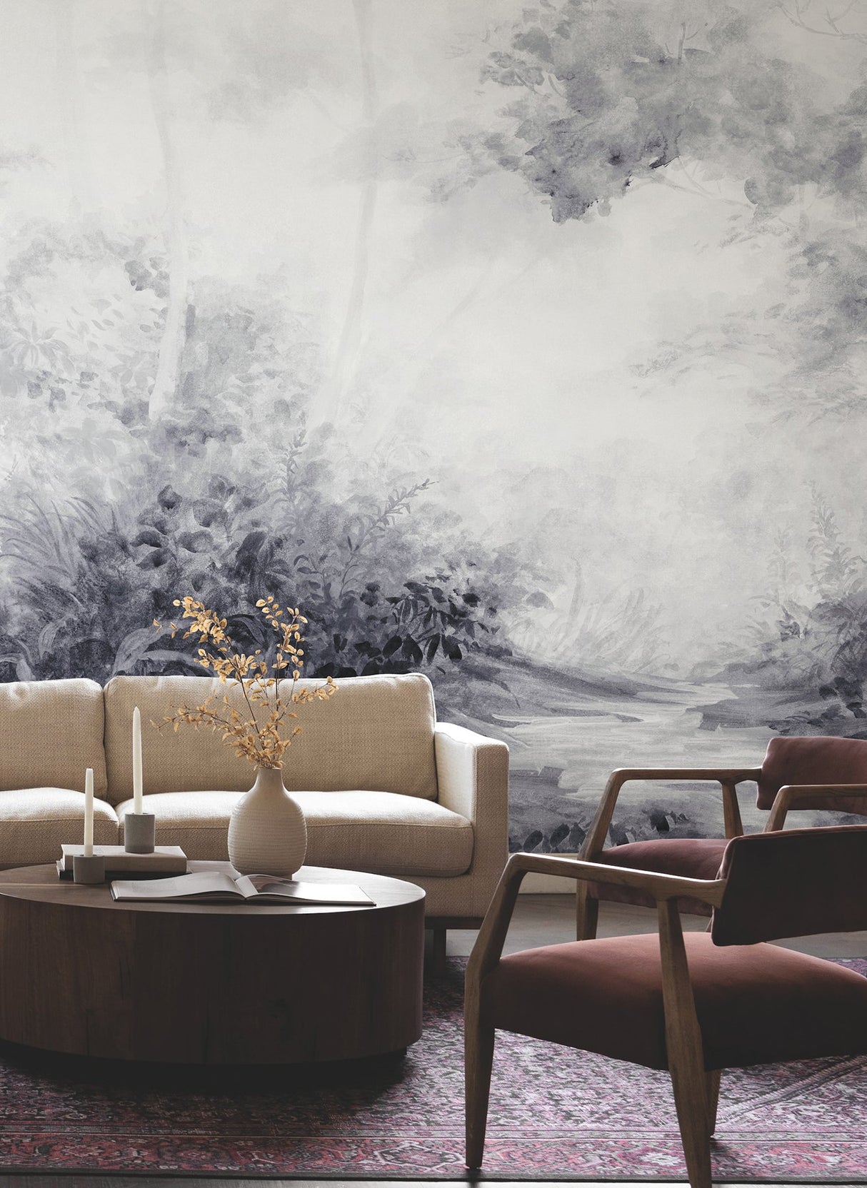 Woodland Black & White Wall Mural with Botanical Feature Wall Design - York MF4808M