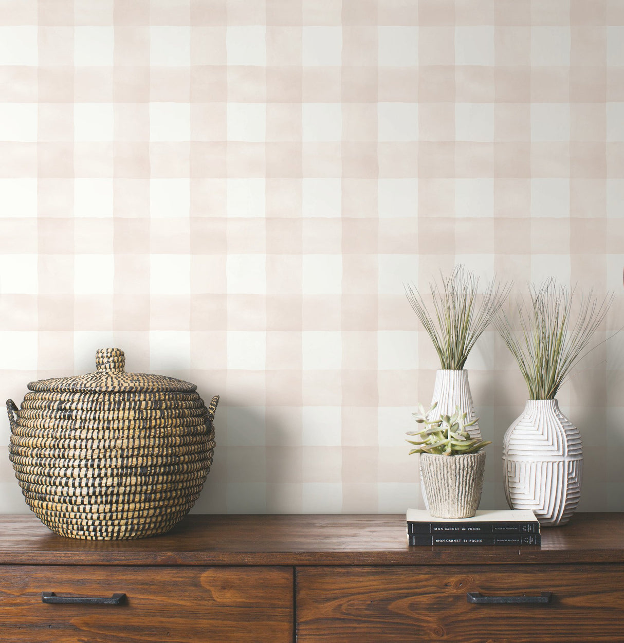 Watercolor Check Pink & White Wallpaper with Watercolor Gingham Plaid - York MH1517