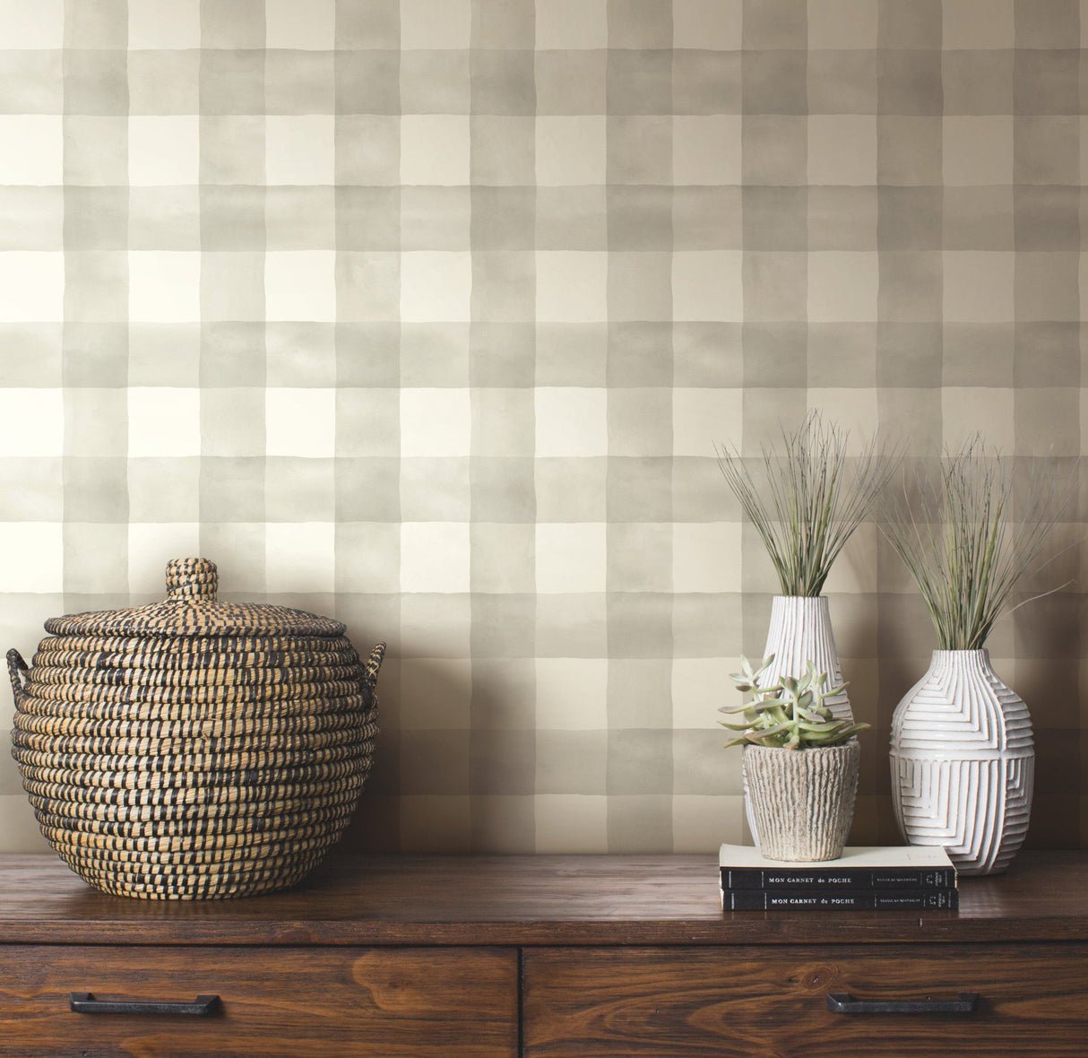 Watercolor Check Grey & White Wallpaper with Buffalo Check Motif - York MH1518