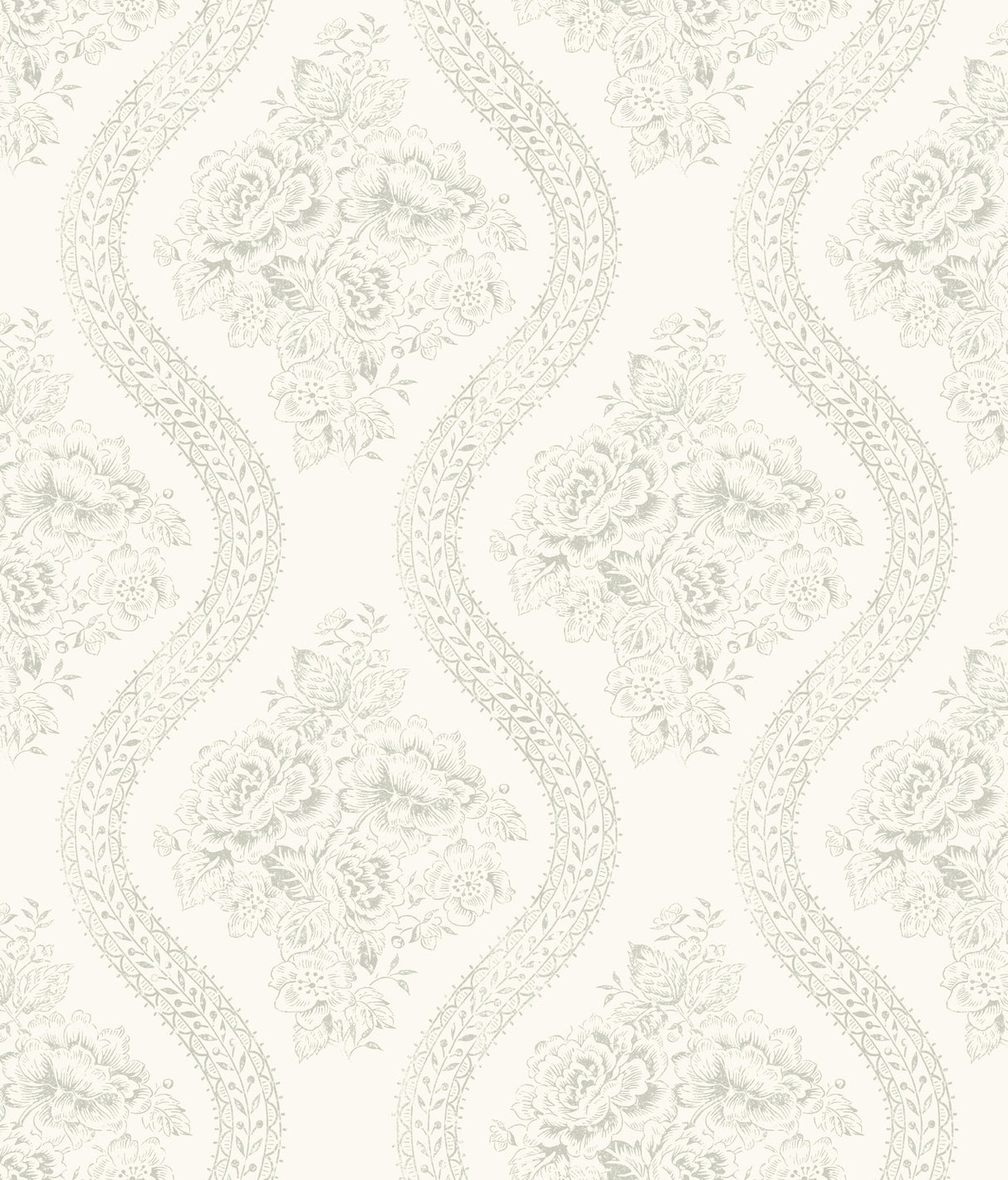 Coverlet Floral Grey & Off White Wallpaper with Tatting Lace Ogee - York MH1595