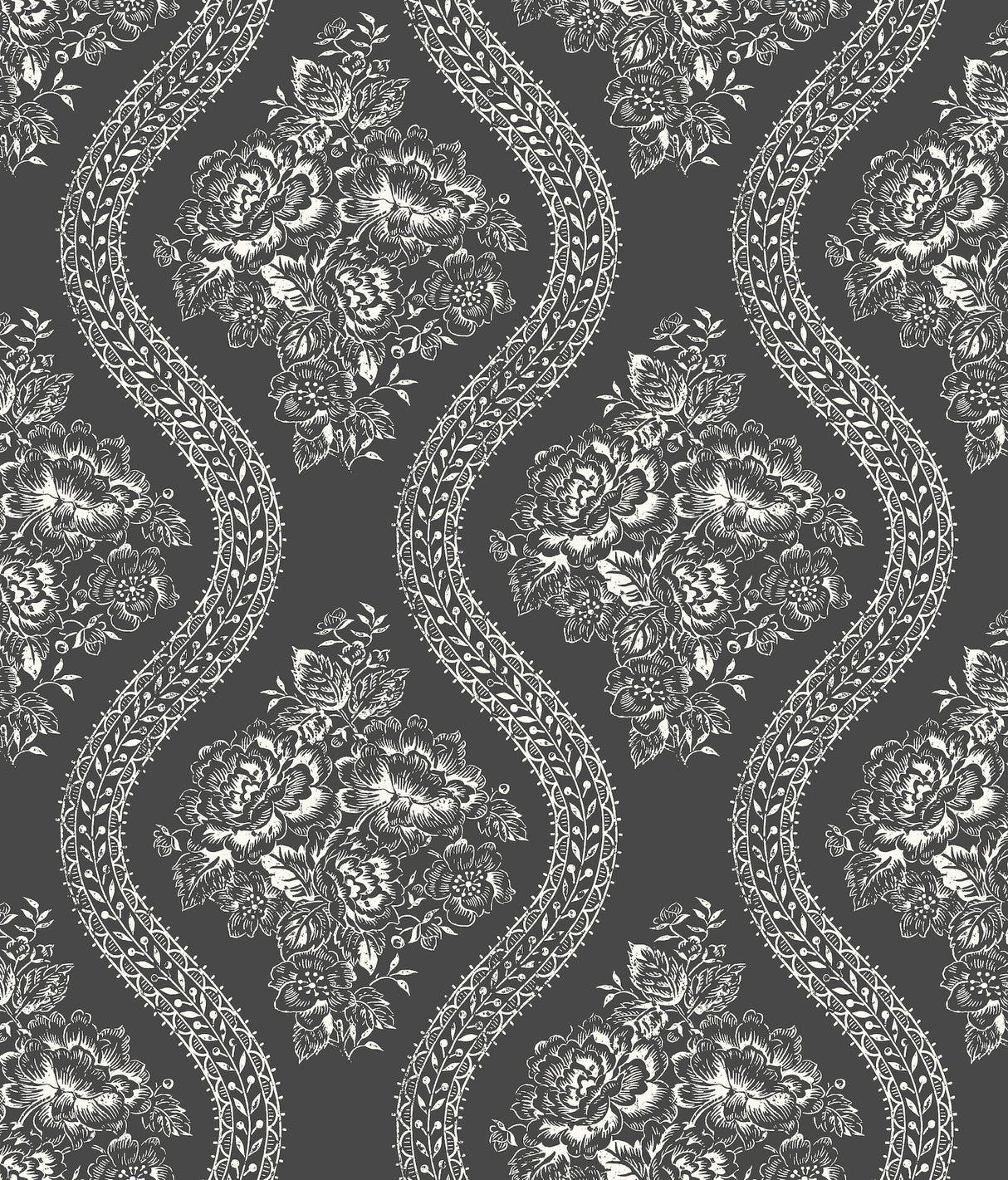 Coverlet Floral White & Black Wallpaper with Lace Ogee Floral Motif - York MH1596