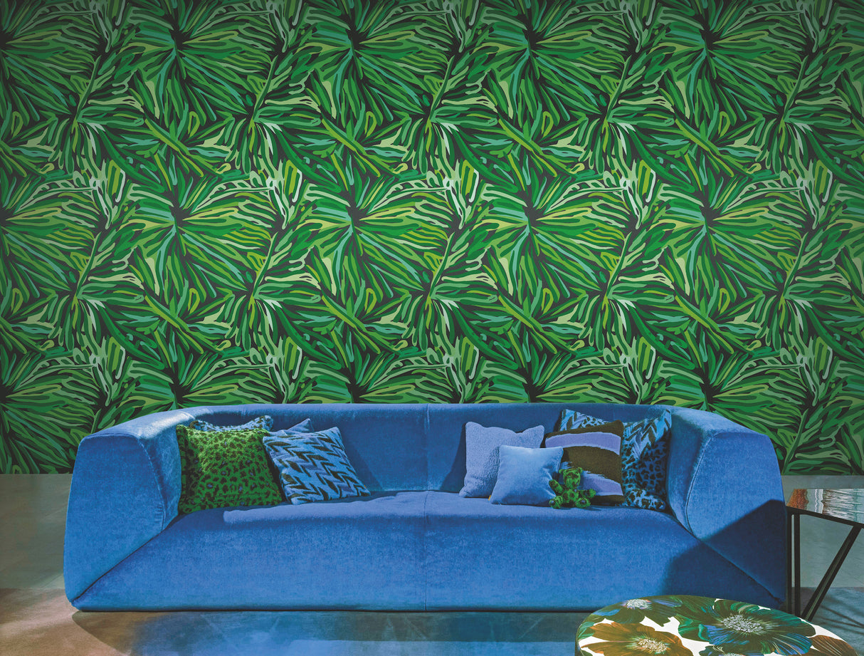 Flora Green by Missoni Lush Tropical Botanical Palm Leaf Vinyl Non Woven Wallpaper from Missoni Home 5 Collection - MI10577