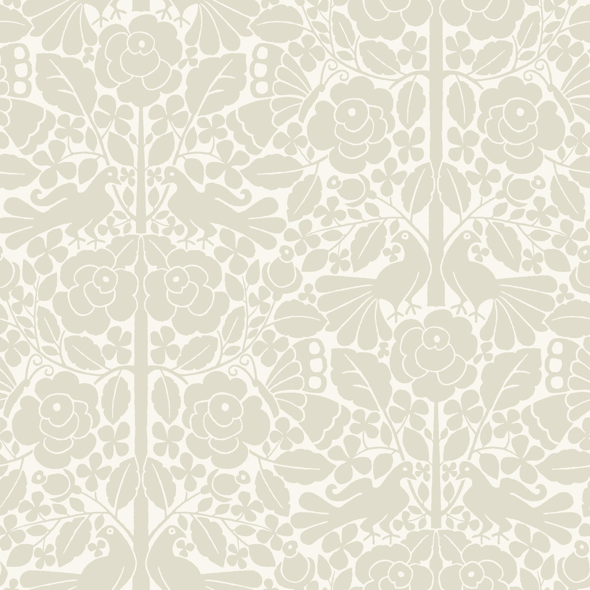Fairy Tales Beige Wallpaper with Folk Art Birds and Floral Motif - York MK1160
