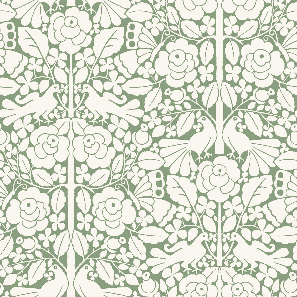 Fairy Tales Green Wallpaper with Folk Art Birds and Floral Pattern - York MK1164