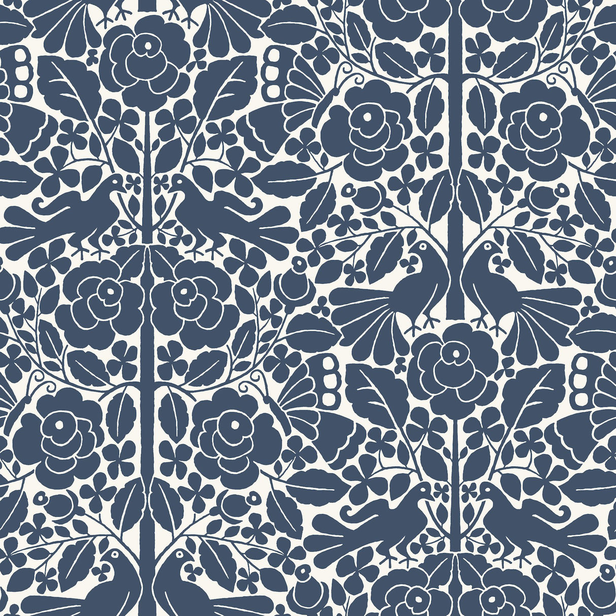 Fairy Tales Blue Wallpaper with Folk Art Birds and Floral Motif - York MK1166