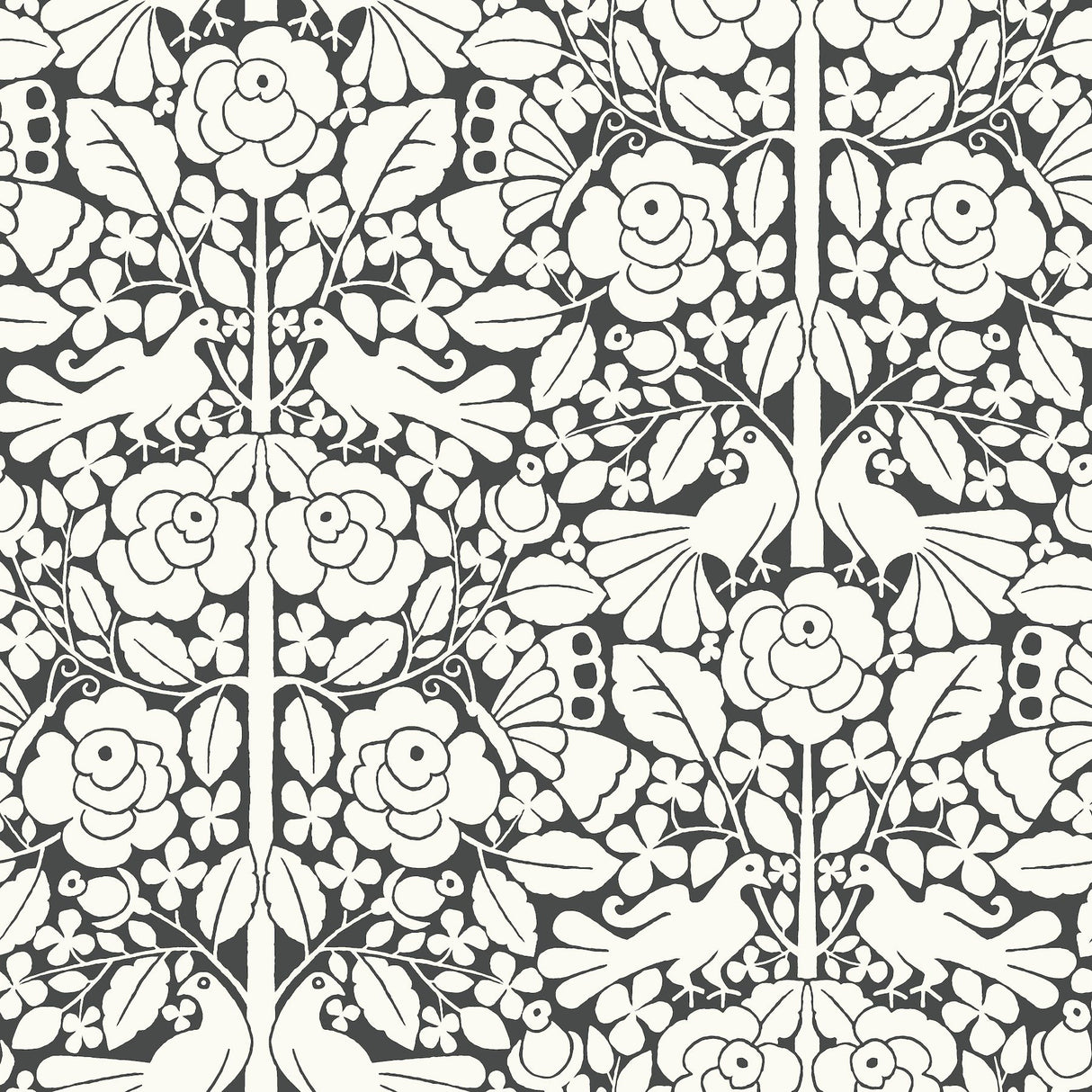Fairy Tales Black Wallpaper with Folk Art Birds & Floral Motif - York MK1167