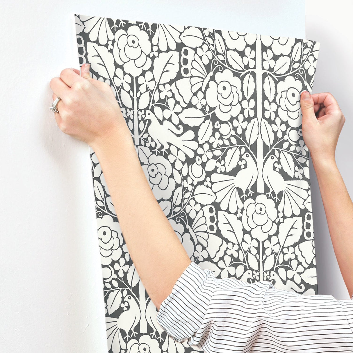 Fairy Tales Black Wallpaper with Folk Art Birds & Floral Motif - York MK1167