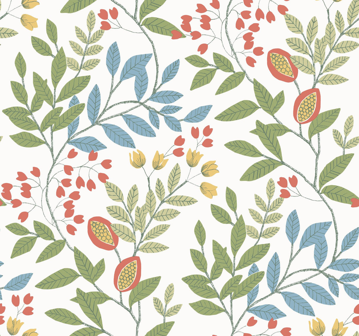 Eden Retreat White & Multi Wallpaper with Botanical Floral Vine Pattern - York MN1841