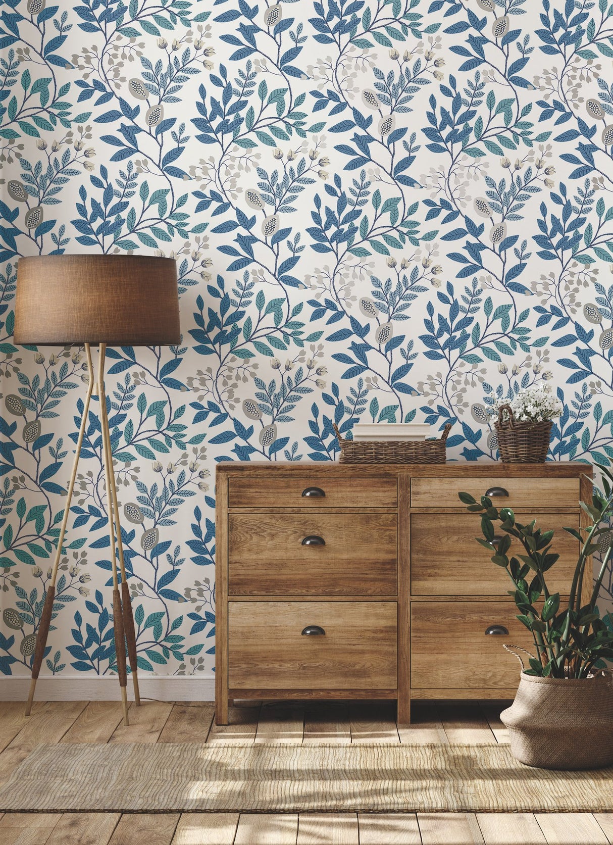 Eeden Retreat White & Blue Wallpaper with Botanical Leaf & Berry Motif - York MN1842