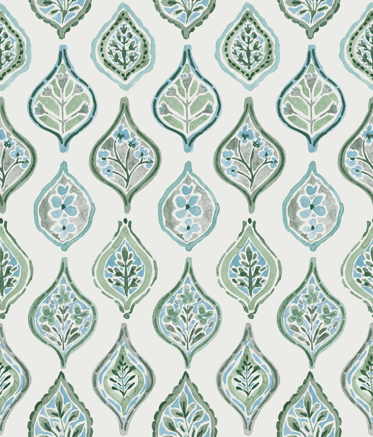 Marketplace Motif Pale Grey & Green Wallpaper with Bohemian Ogee Pattern - York MN1851