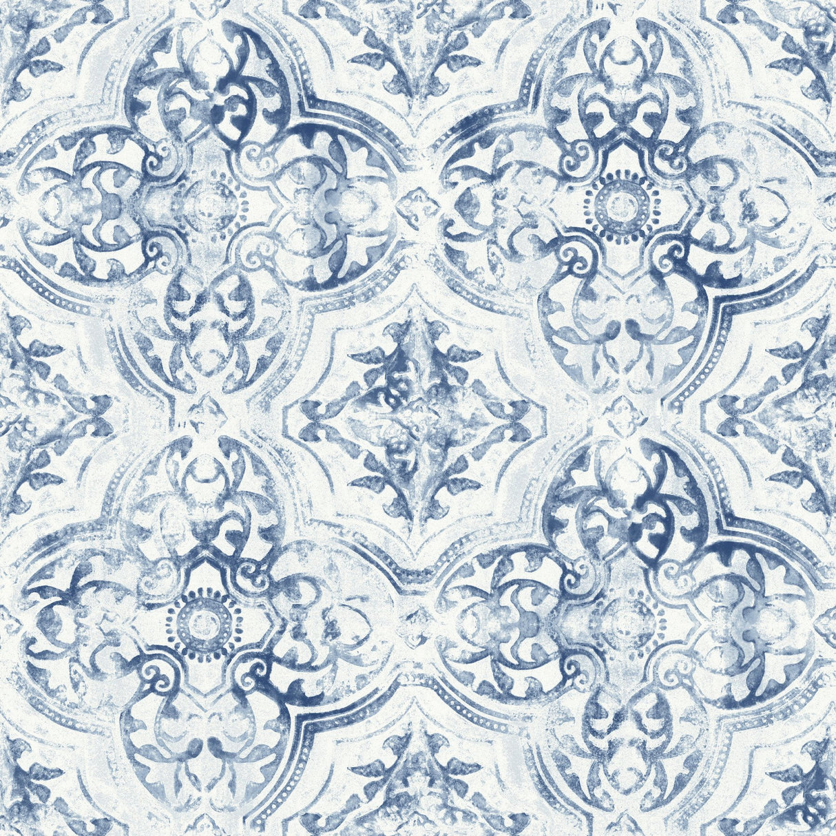 Quartet White & Blue Wallpaper with Bohemian Quatrefoil Medallion Pattern - York MN1891