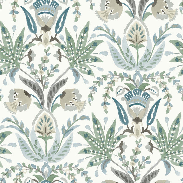 Seaside Jacobean Green & Blue Wallpaper with Mediterranean Floral Jacobean Motif - York MN1910SAM