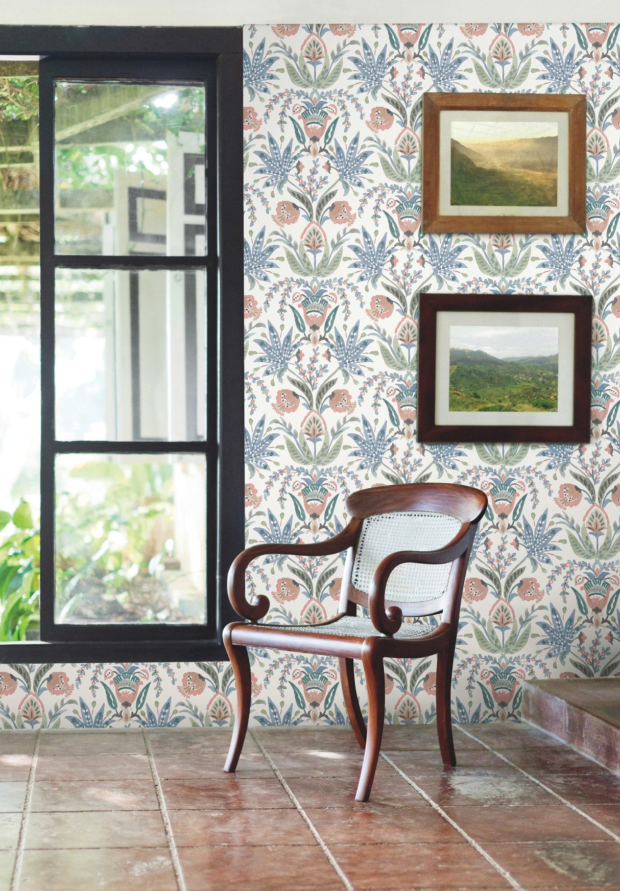 Seaside Jacobean Pink & Blue Wallpaper with Mediterranean Floral Jacobean Motif - York MN1912