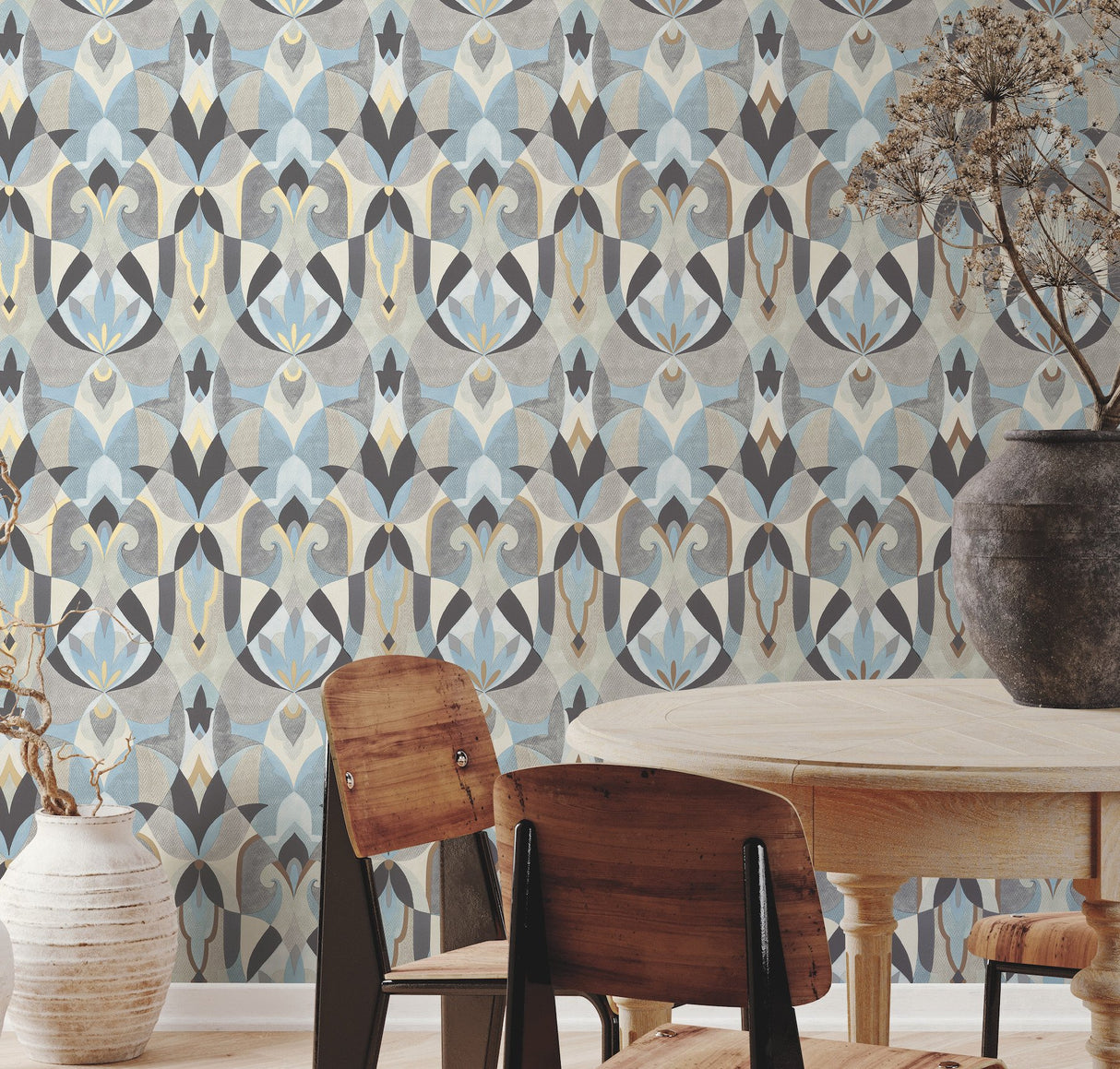 Malta Neutral & Blue Geometric Sure Strip Wallpaper - York MN1921